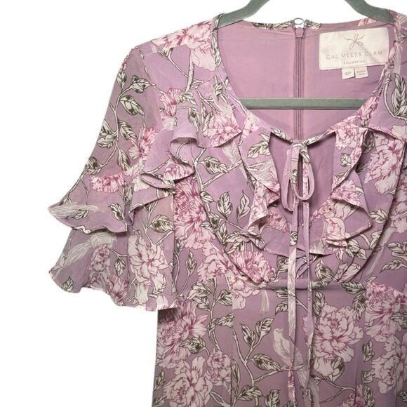 GAL MEETS GLAM Shelby Tie Neck Floral Midi Maxi Dress Ruffled Pink 6 Petite - Picture 6 of 8